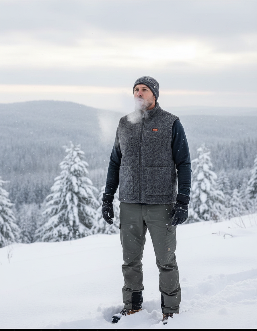 Bild med en man som bär en heatwrap värmeväst i färgen grå