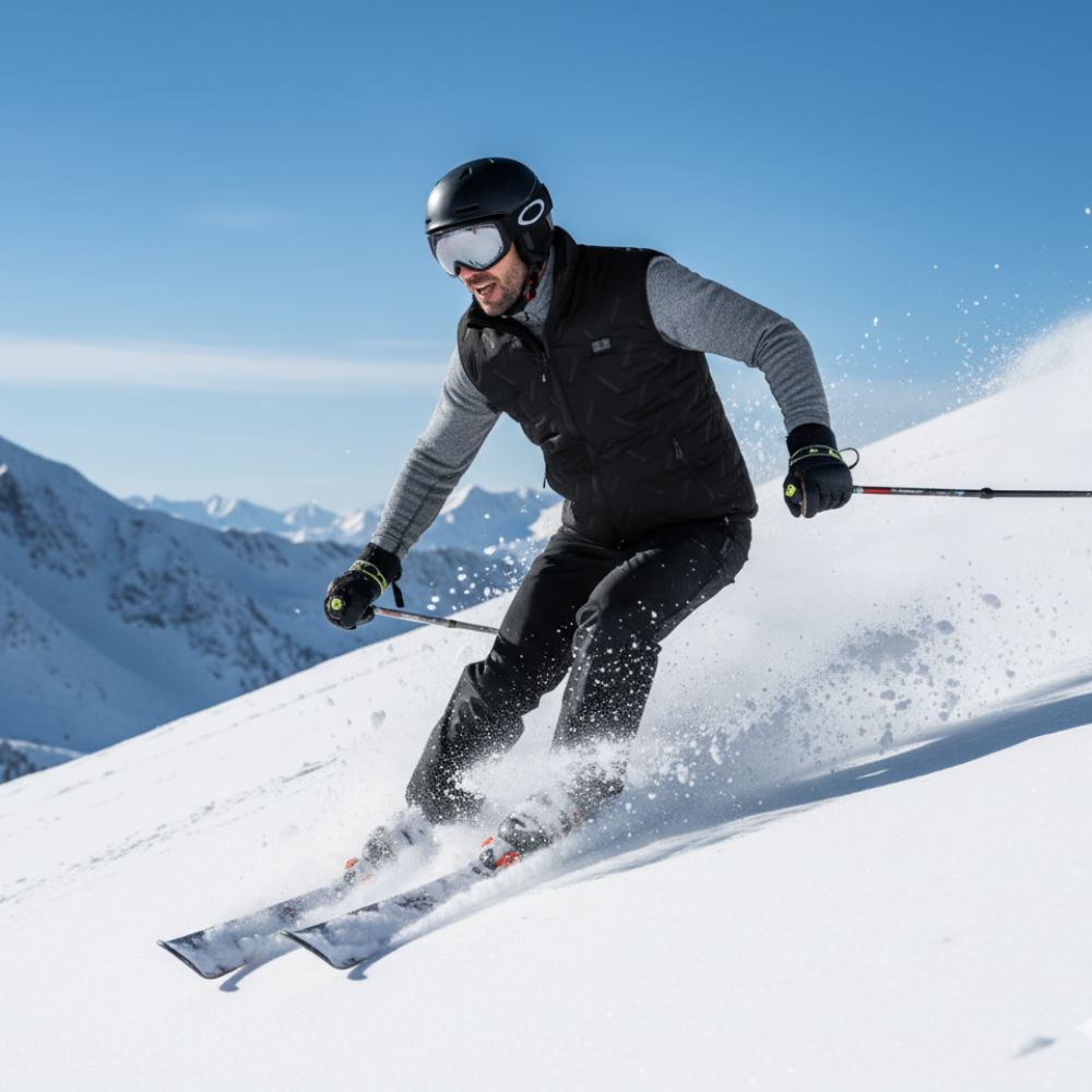 Man bär värmeväst vid skidåkning